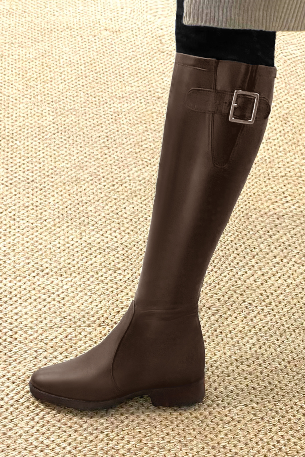 Dark brown women's knee-high boots with buckles. Round toe. Flat rubber soles. Made to measure. Worn view - Florence KOOIJMAN